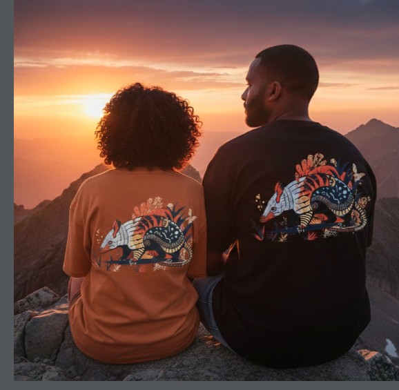 Casal vestindo camisas Mandakaru com estampa de tatu-peba, observando o pôr do sol no sertão